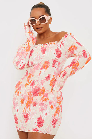 Floral Bardot Shirred Long Sleeve Mini Dress